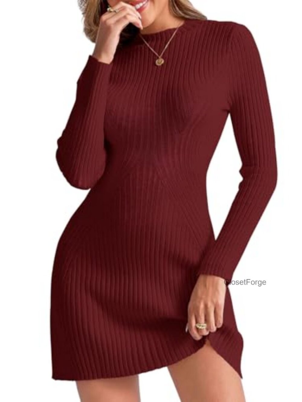 Women's Long Sleeve Bodycon Knit Sweater Dress Mock Neck Mini